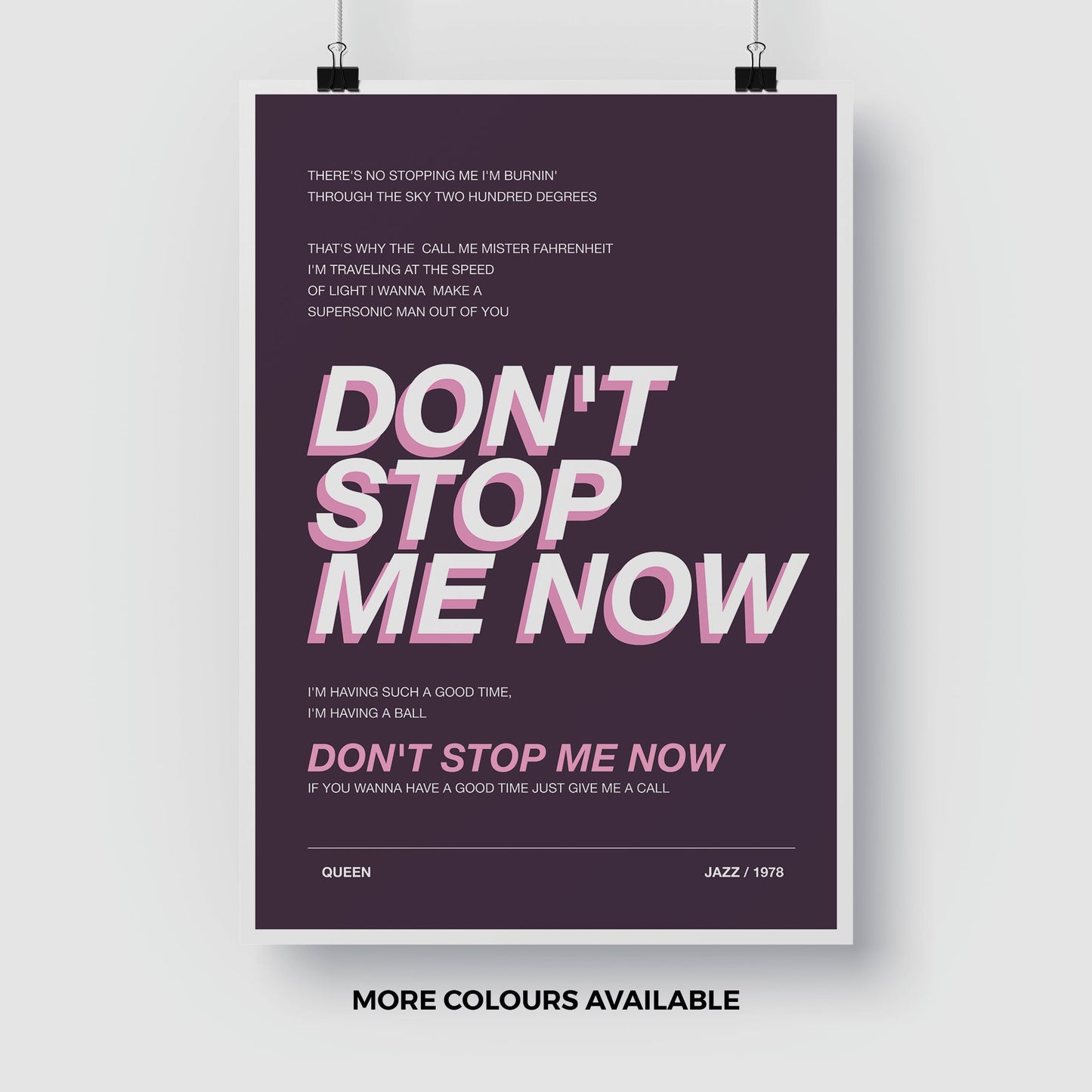 Queen Inspired Don't Stop Me Now - Music Poster - Music Print - Music Lyrics - Various Colours - FREE DELIVERY
