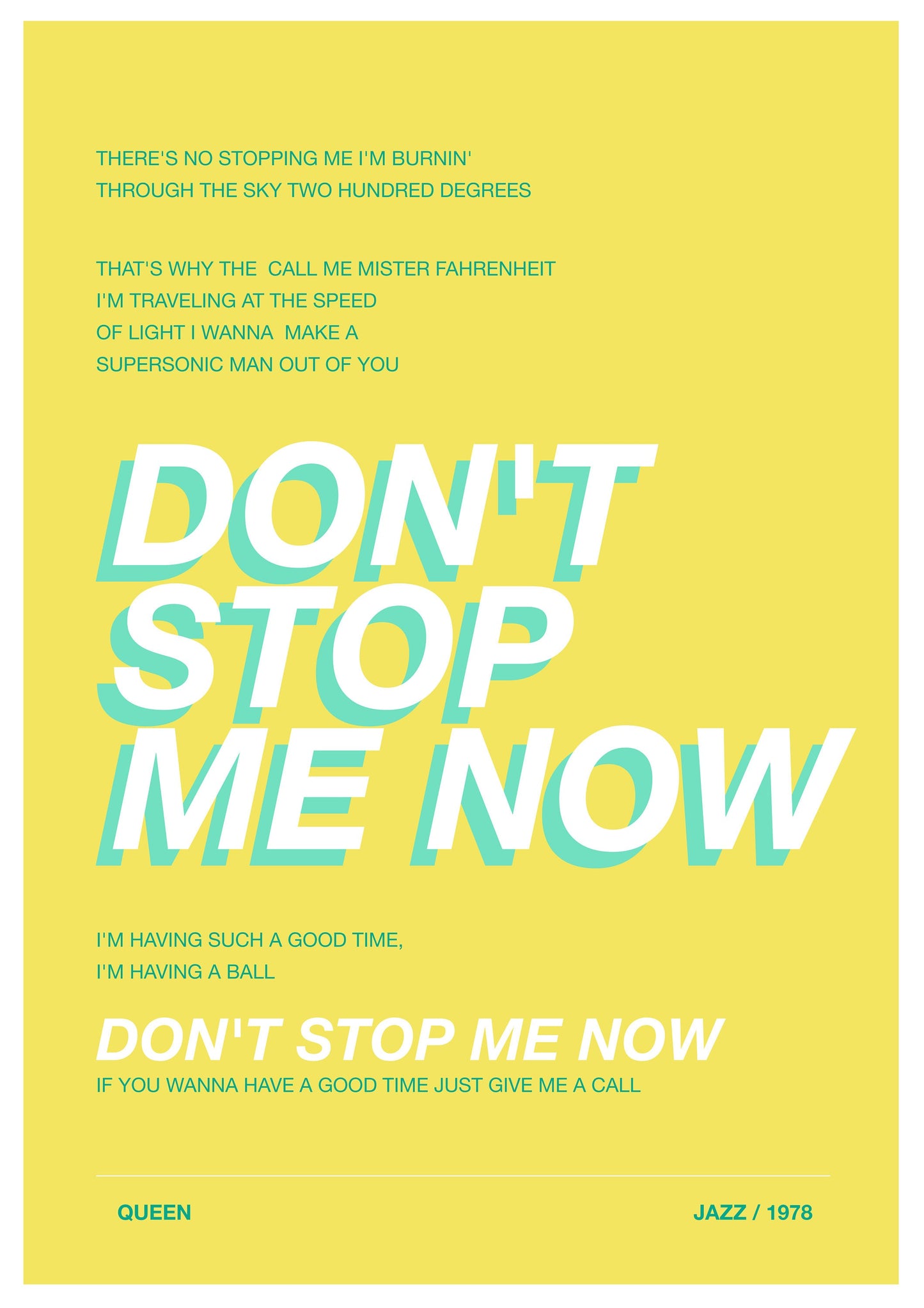 Queen Inspired Don't Stop Me Now - Music Poster - Music Print - Music Lyrics - Various Colours - FREE DELIVERY