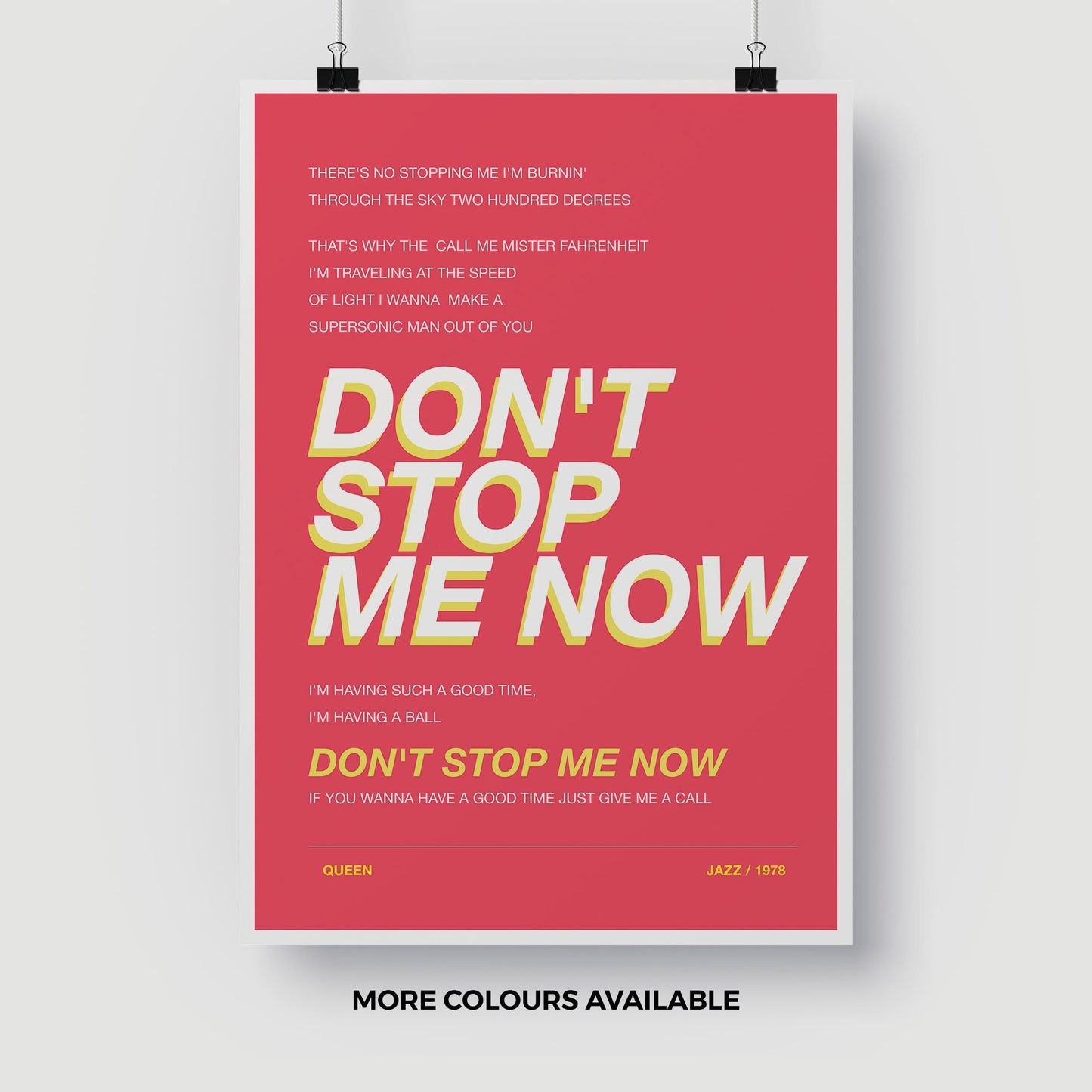 Queen Inspired Don't Stop Me Now - Music Poster - Music Print - Music Lyrics - Various Colours - FREE DELIVERY