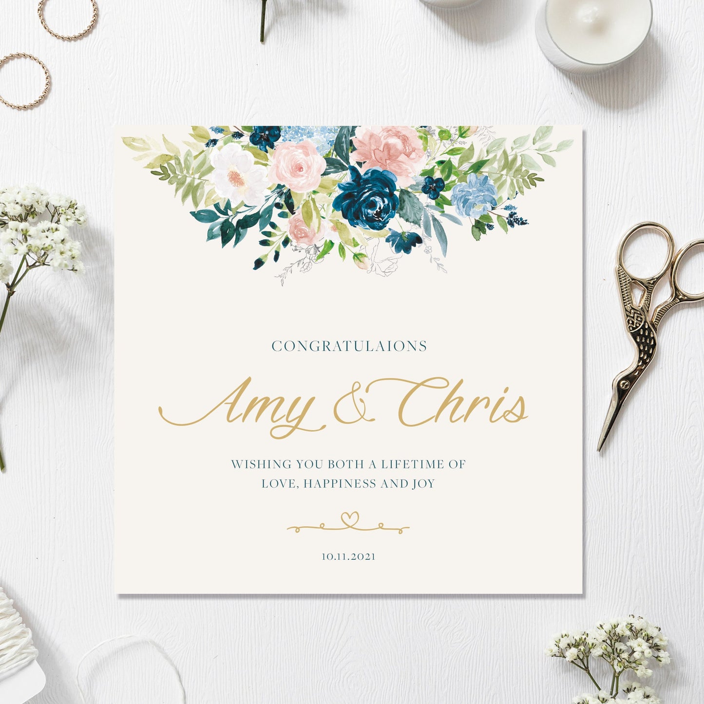 Wedding Card Personalised Floral 135mm