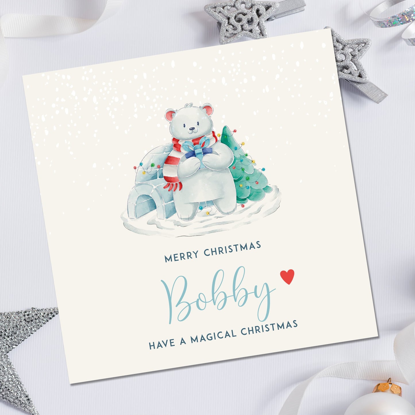 Personalized Christmas Card for Boy: Polar Bear Design