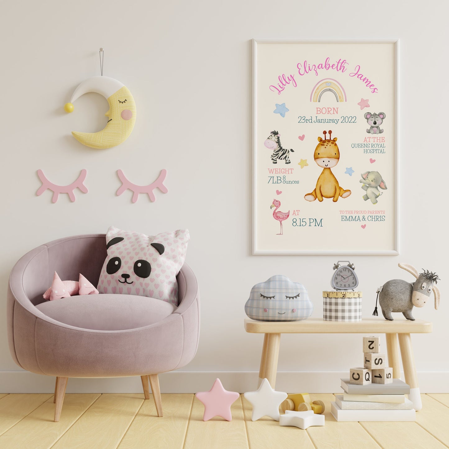 New Baby Girl Gift, New Baby Gift Personalised, New Baby Print, Christening Gift, Birth Details Print, Birth Stats Framed Pink Nursery Decor