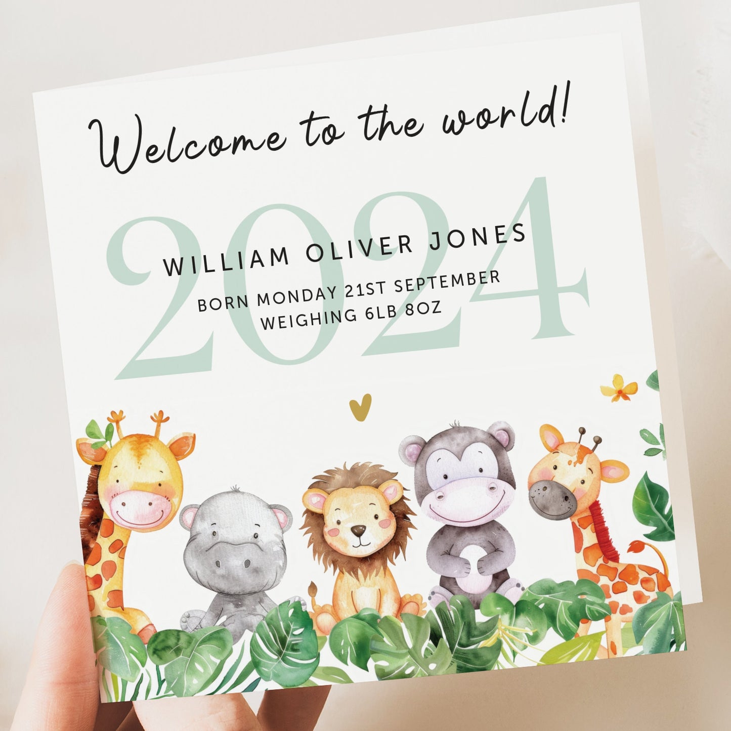Personalised New Baby Card, Safari Welcome to the World Card, Newborn Baby Boy, Baby Girl Gift, Granddaughter Baby Card, Grandson, Nephew