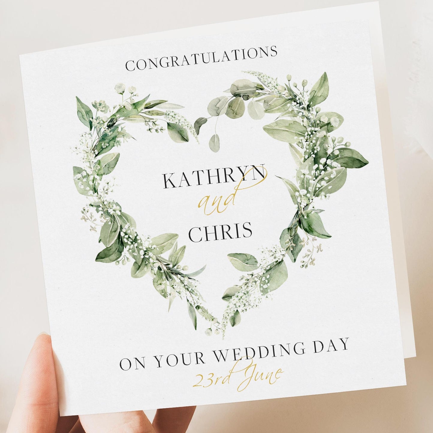 Floral Green Heart wedding card personalised