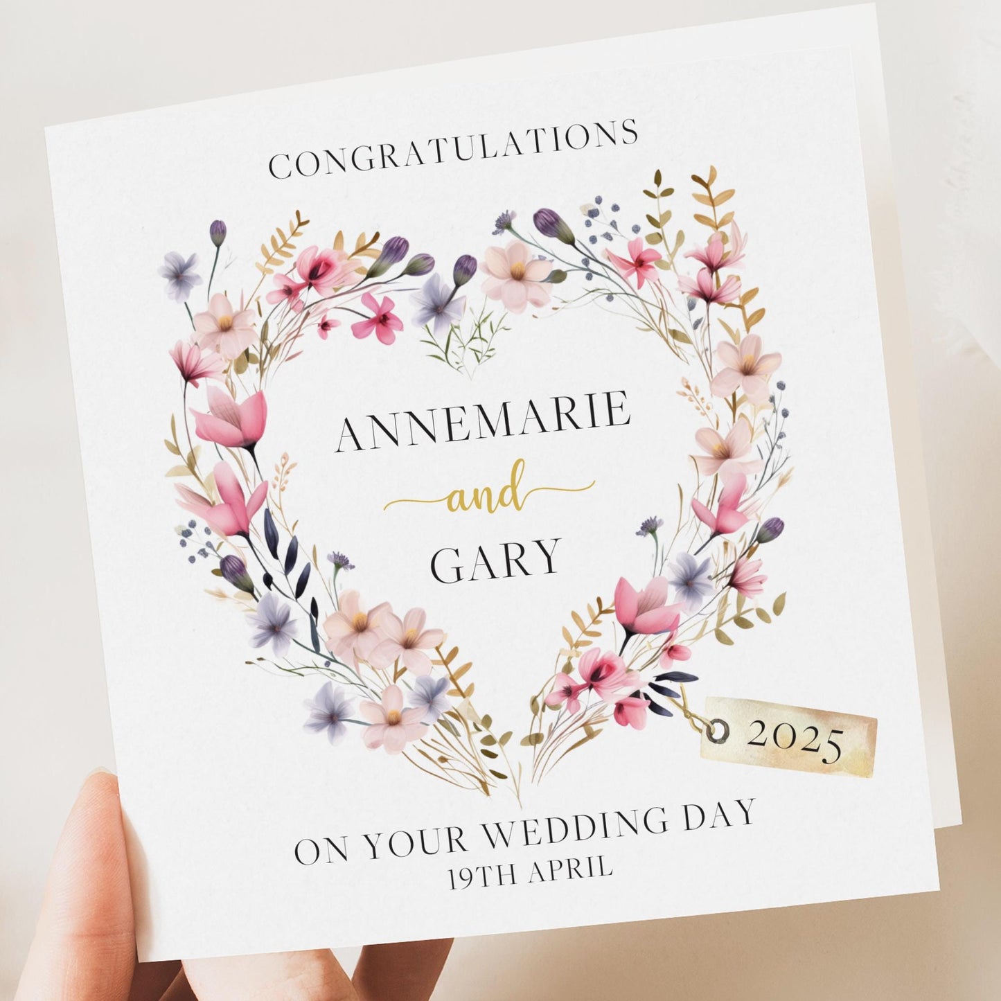 Personalised Wedding Floral Card | Newly Married Couple Greeting | Congratulations Wedding Card | Wedding Gift Card | Pink floral heart