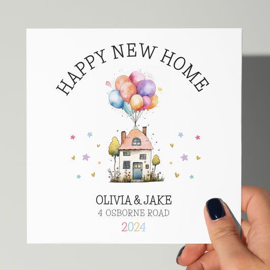 New Home card colourful balloons personalised