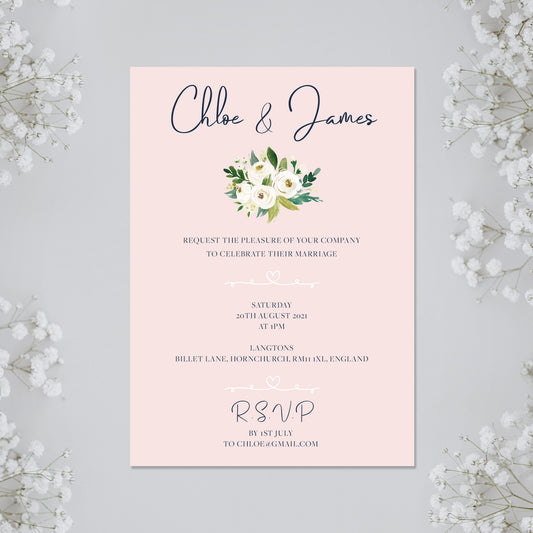 Wedding Invite, Personalised Wedding Invite, Blush Wedding Invite, White rose Wedding Invite