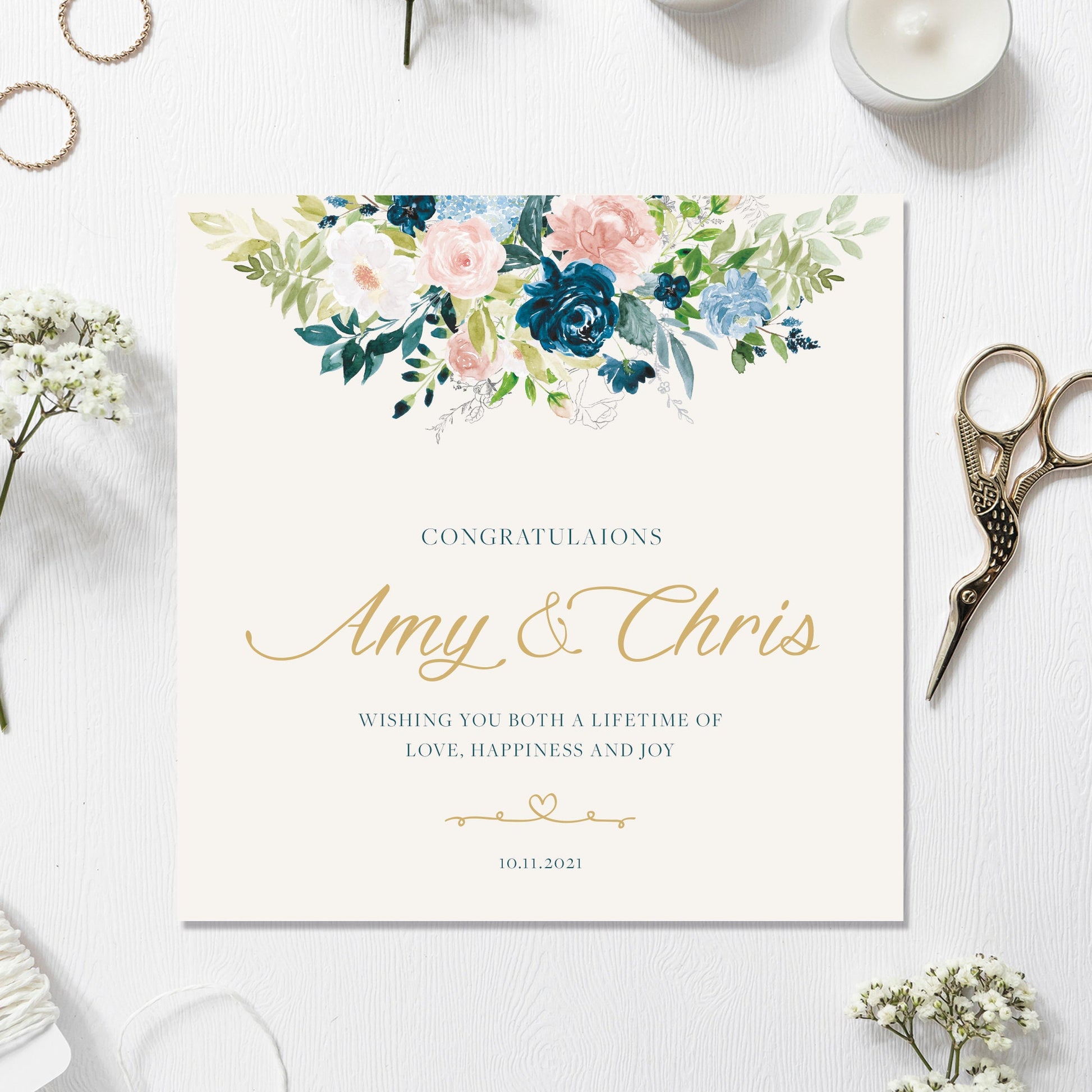 Wedding Card Personalised Floral 135mm