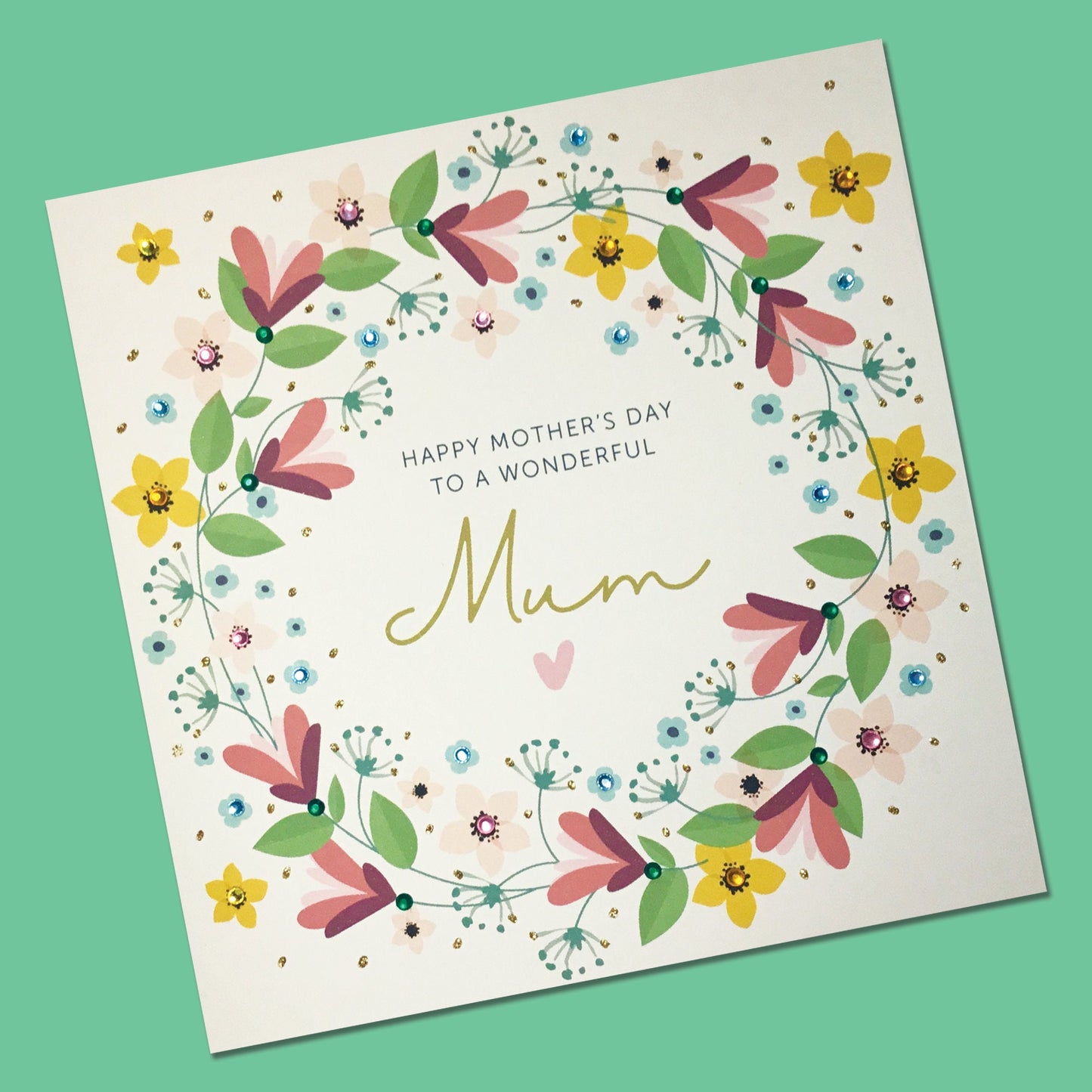 Floral Mother's Day Card - Handmade 3D Gold Gems
