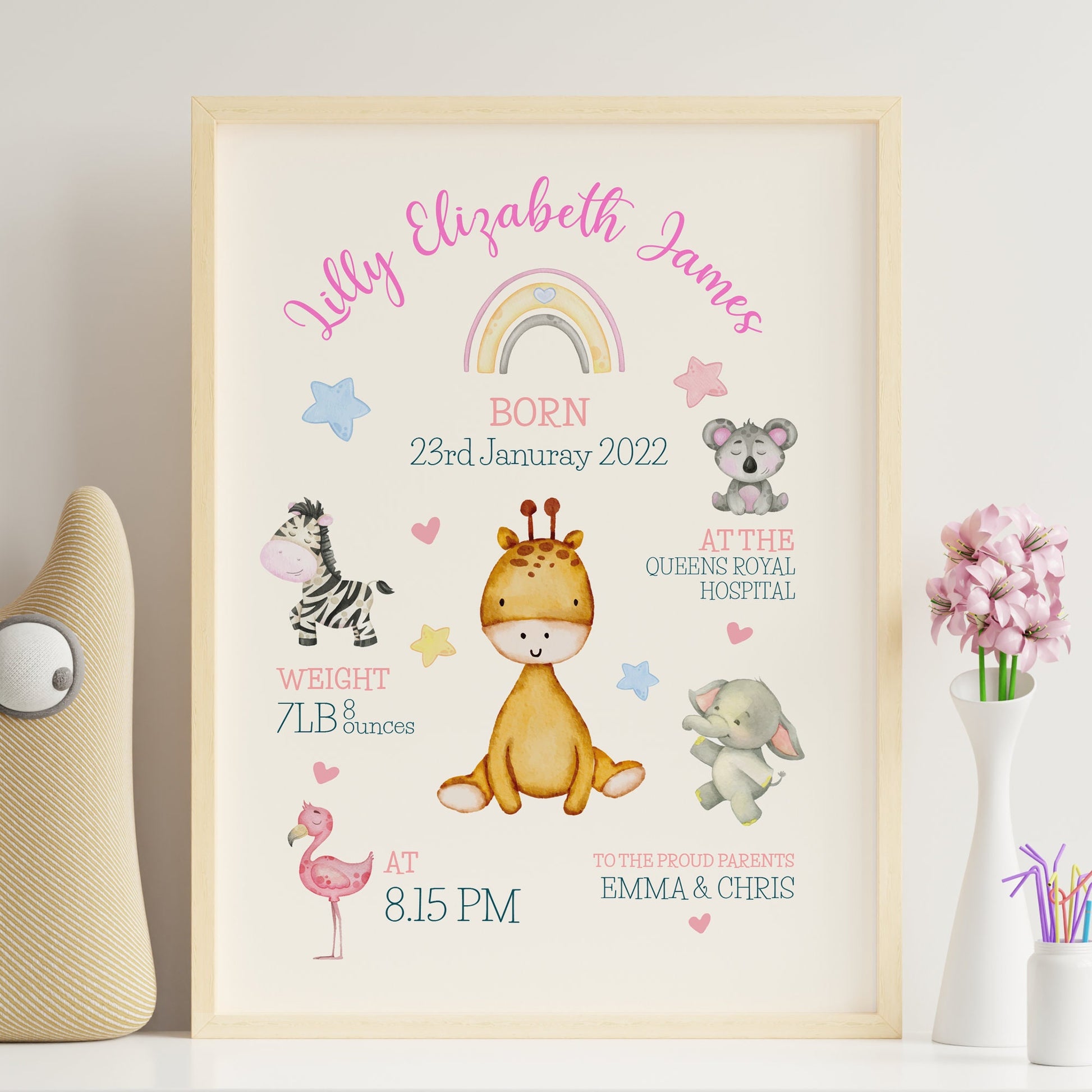 New Baby Girl Gift, New Baby Gift Personalised, New Baby Print, Christening Gift, Birth Details Print, Birth Stats Framed Pink Nursery Decor