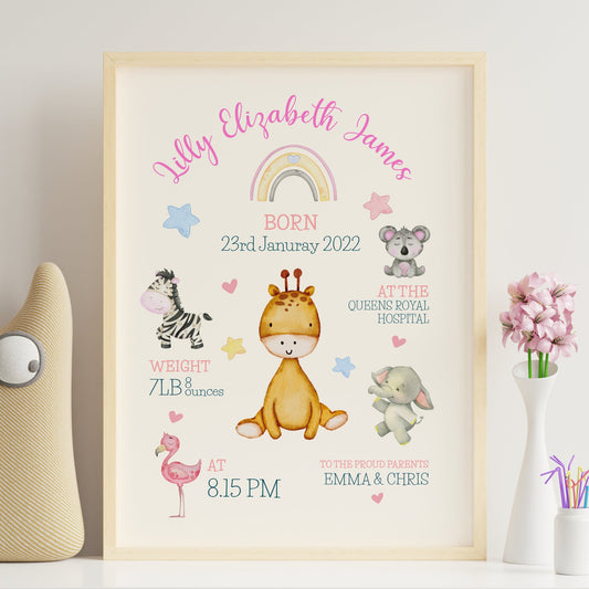 New Baby Girl Gift, New Baby Gift Personalised, New Baby Print, Christening Gift, Birth Details Print, Birth Stats Framed Pink Nursery Decor
