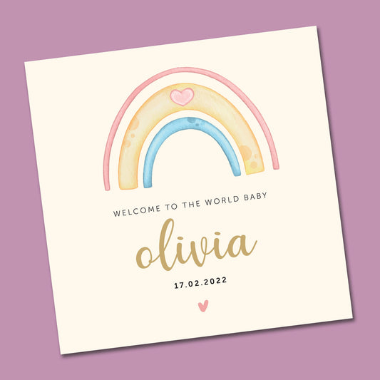 Rainbow Personalised Baby Watercolour New Baby Card 6x6"