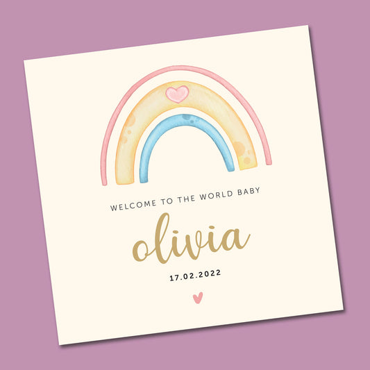 Rainbow Personalised Baby Watercolour themed new baby card, hello little one, welcome to the world New Baby Card