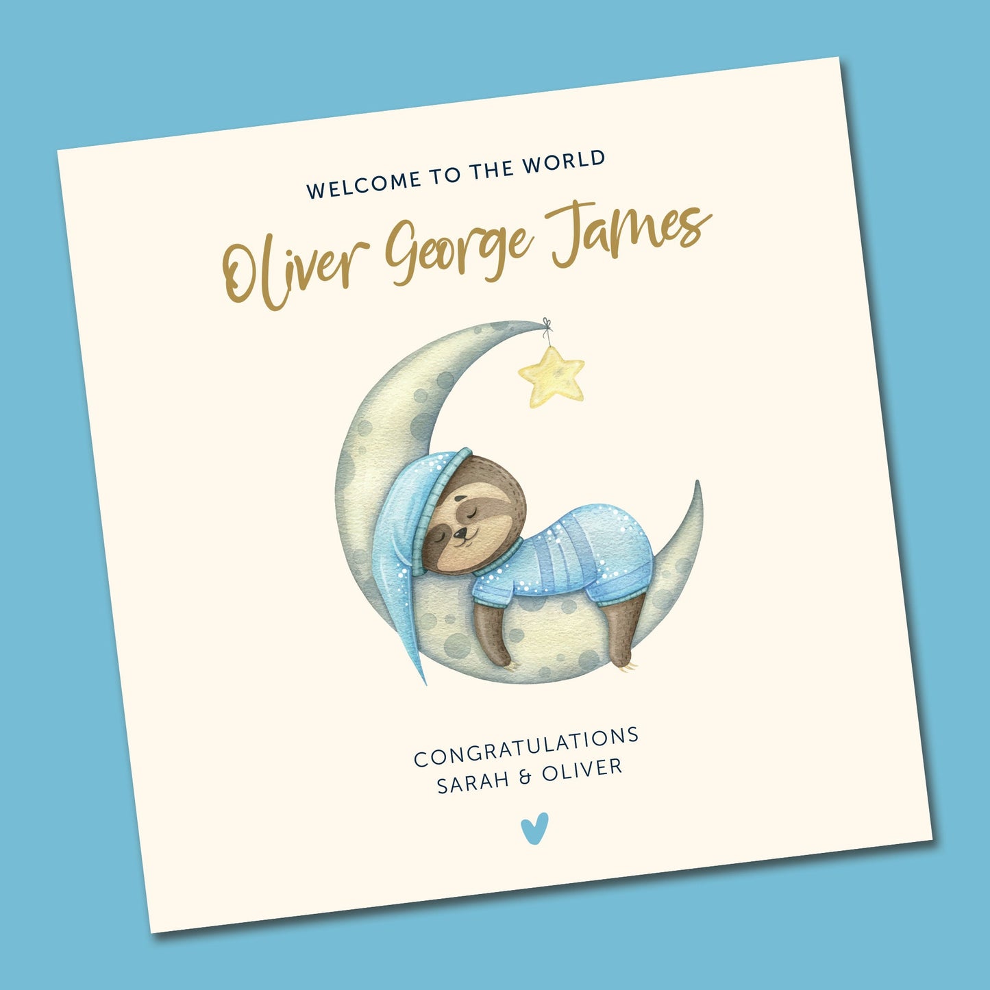 Personalised New Baby Card – Cute Sloth Sleeping on the Moon