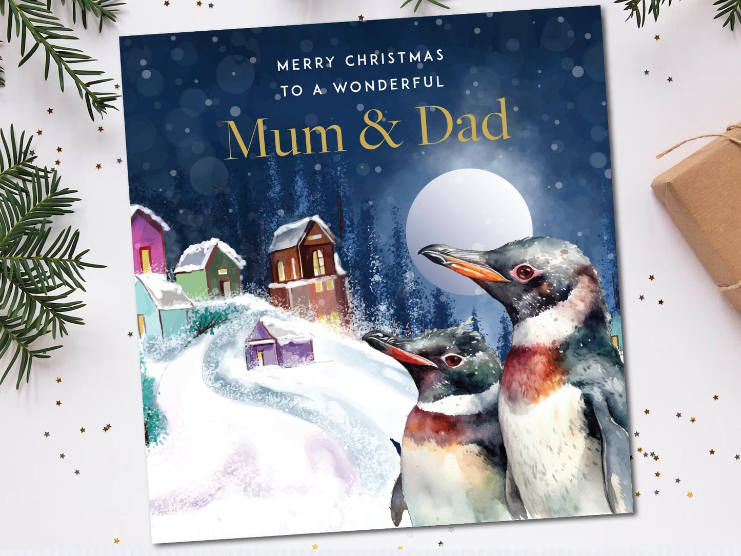 Mum & Dad Christmas Card - Penguins Personalised