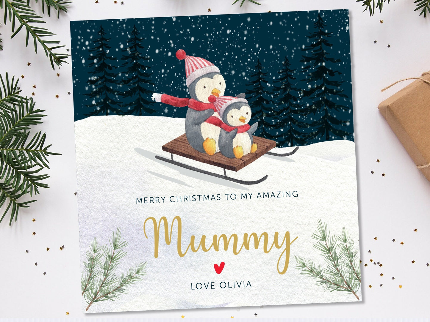 Christmas Card To Mummy: Penguin Sledding Design