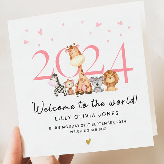 Personalised New Baby Card, Safari Welcome to the World Card, Newborn Baby Girl, Baby Girl Gift, Welcome Baby Card, Granddaughter, Niece