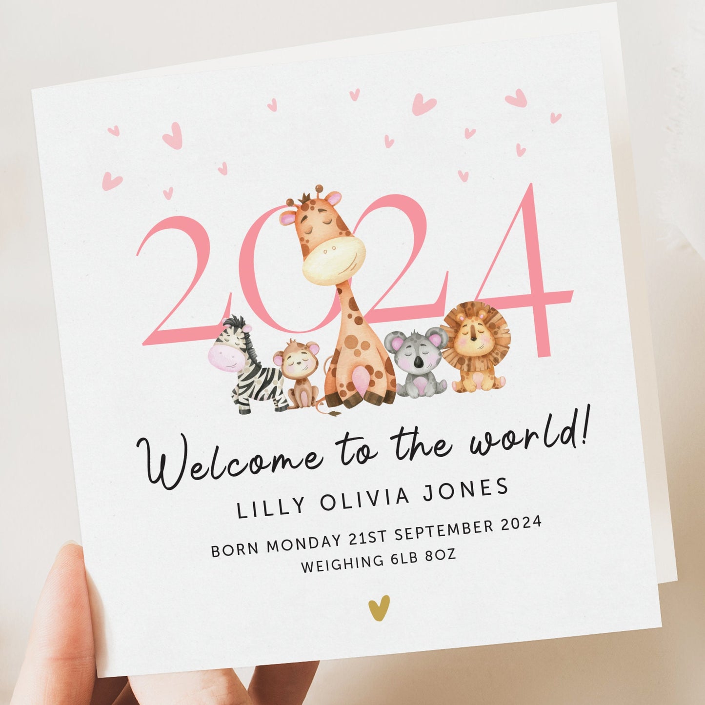 Personalised New Baby Card, Safari Welcome to the World Card, Newborn Baby Girl, Baby Girl Gift, Welcome Baby Card, Granddaughter, Niece
