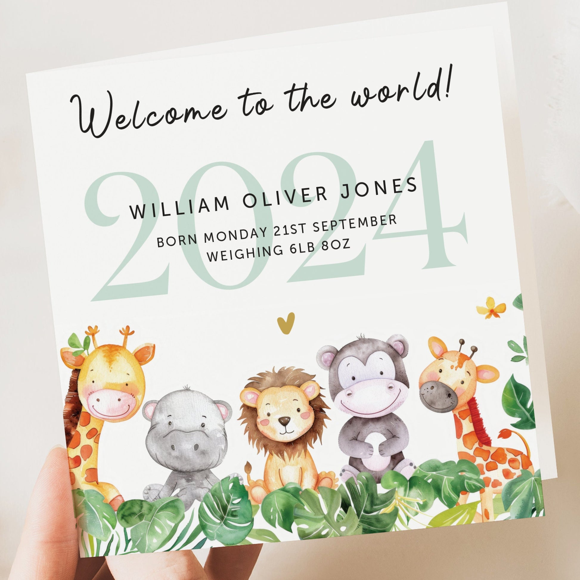 Personalised New Baby Card, Safari Welcome to the World Card, Newborn Baby Boy, Baby Girl Gift, Granddaughter Baby Card, Grandson, Nephew