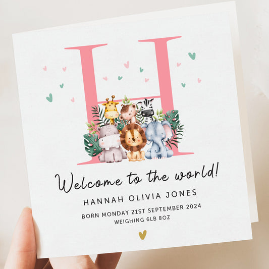 Personalised New Baby Card, Safari Welcome to the World Card, Newborn Baby Girl, Baby Girl Gift, Welcome Baby Card, Granddaughter, Niece
