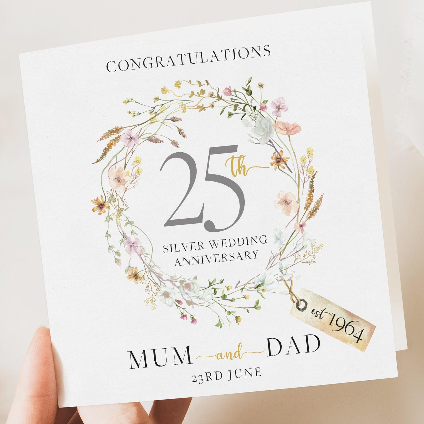 SILVER Wedding Anniversary Card - 25th Wedding Card, Diamond Anniversary - Parents Anniversary - Congrats 25 Years Married -