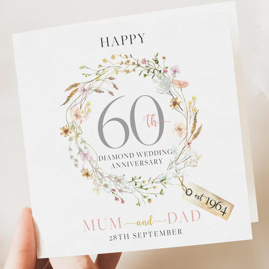 Diamond Wedding Anniversary Card - 60th Wedding Card, Diamond Anniversary - Grandparents Anniversary - Congrats 60 Years Married -