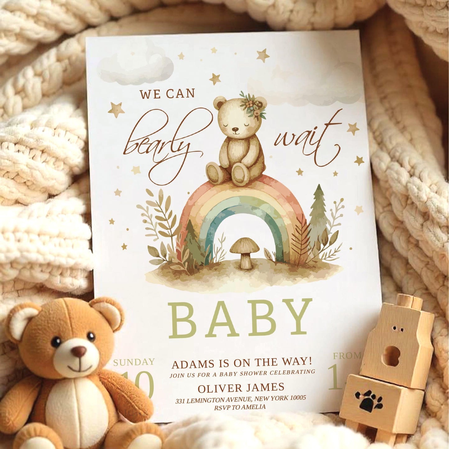 We Can Bearly Wait Baby Shower Invitation – Gender Neutral Bear Theme, Brown Balloons & Cloud Design - digital Invite