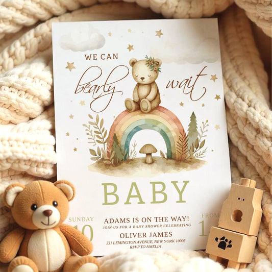 We Can Bearly Wait Baby Shower Invitation – Gender Neutral Bear Theme, Brown Balloons & Cloud Design - digital Invite