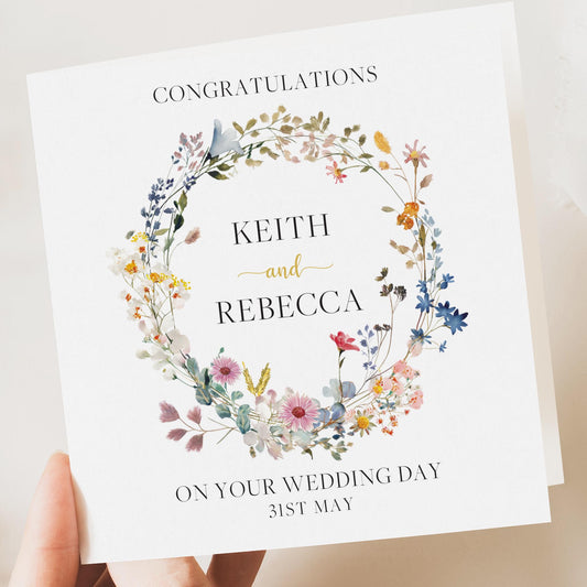 Personalised Wedding Floral Card | Newly Married Couple Greeting | Congratulations Wedding Card | Wedding Gift Cards | Vintage Summer Wreath