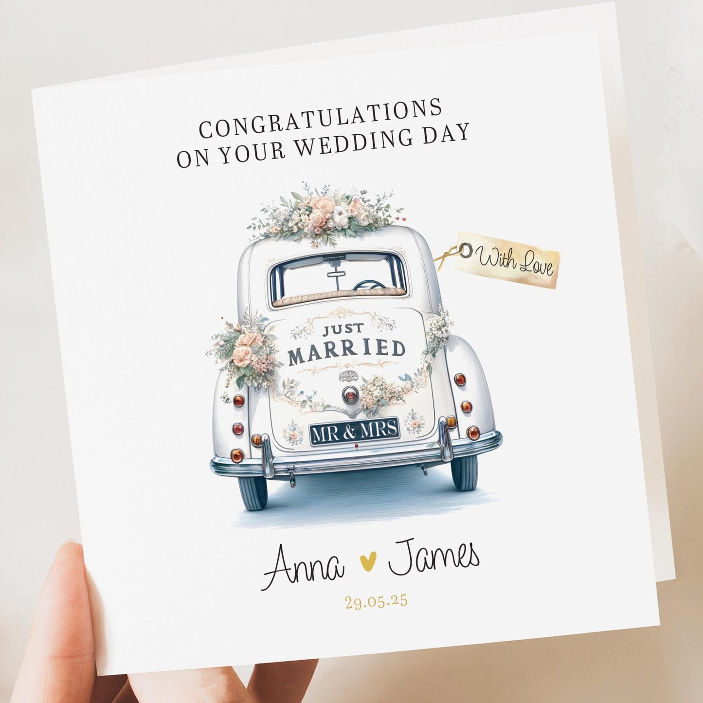 Personalised Wedding Floral Card | Newly Married Couple Greeting | Congratulations Wedding Card | Wedding Gift Card | Vintage Car