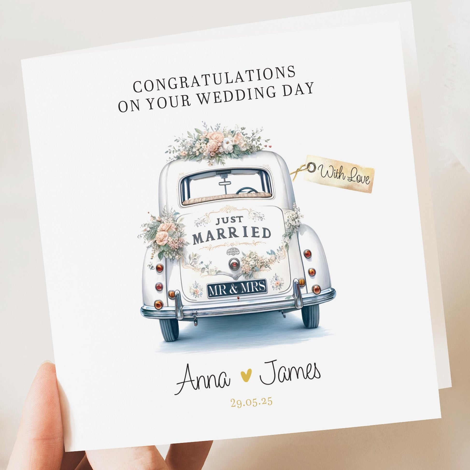 Personalised Wedding Floral Card | Newly Married Couple Greeting | Congratulations Wedding Card | Wedding Gift Card | Vintage Car