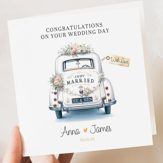 Personalised Wedding Floral Card | Newly Married Couple Greeting | Congratulations Wedding Card | Wedding Gift Card | Vintage Car