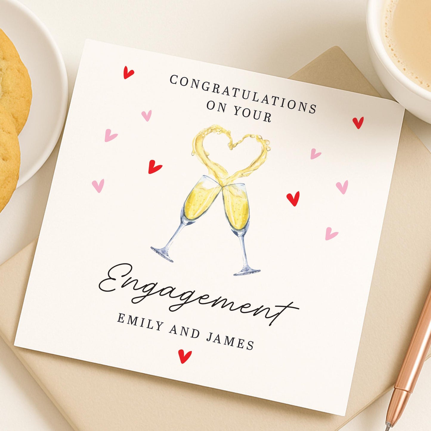 Personalised Engagement Card - Happily Ever After - Congratulations Engagement Card - Hearts Engagement Card - Engaged, Champagne Glasses