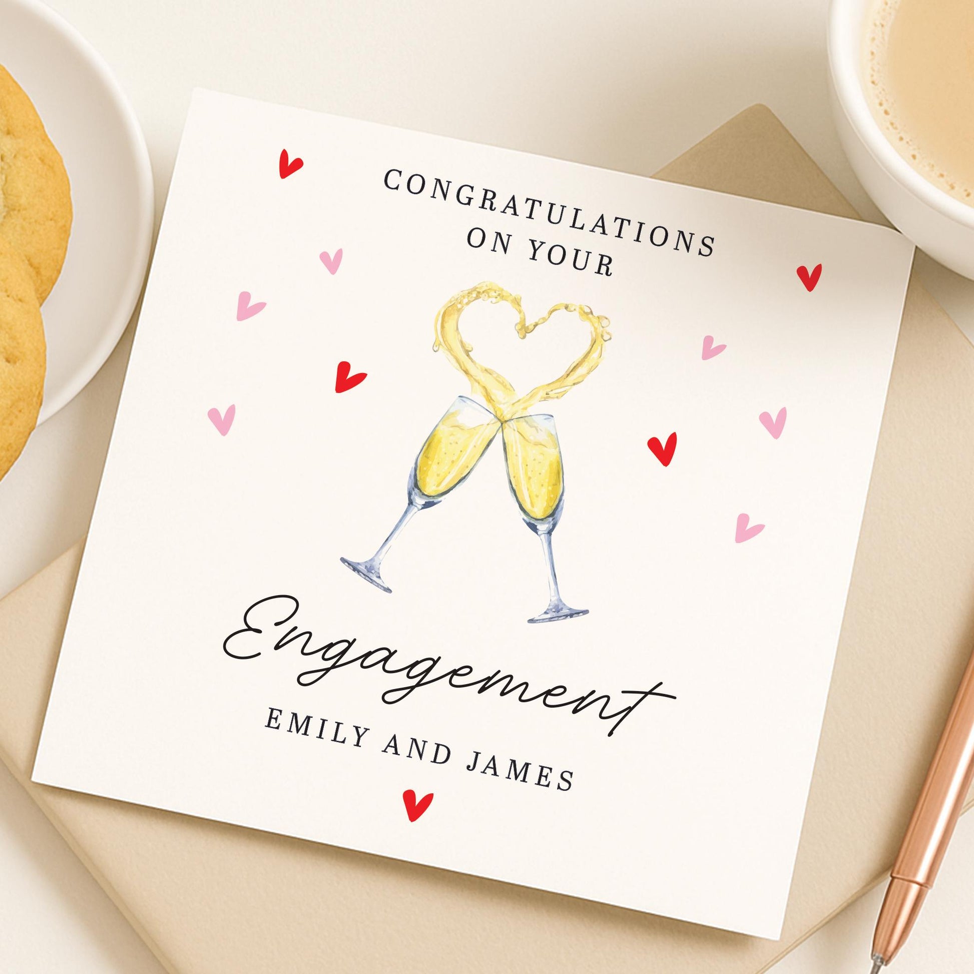 Personalised Engagement Card - Happily Ever After - Congratulations Engagement Card - Hearts Engagement Card - Engaged, Champagne Glasses
