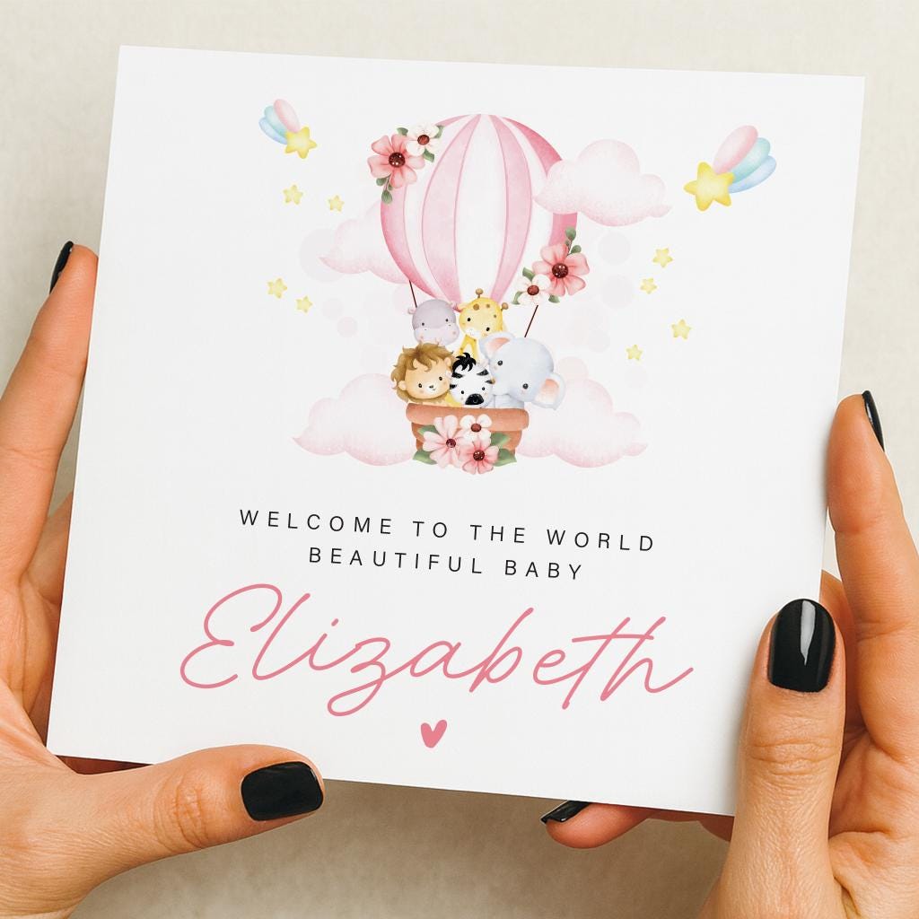 Personalised New Baby Card, Watercolour pink Safari balloon, Welcome to the World Card, Baby Boy, Baby Girl