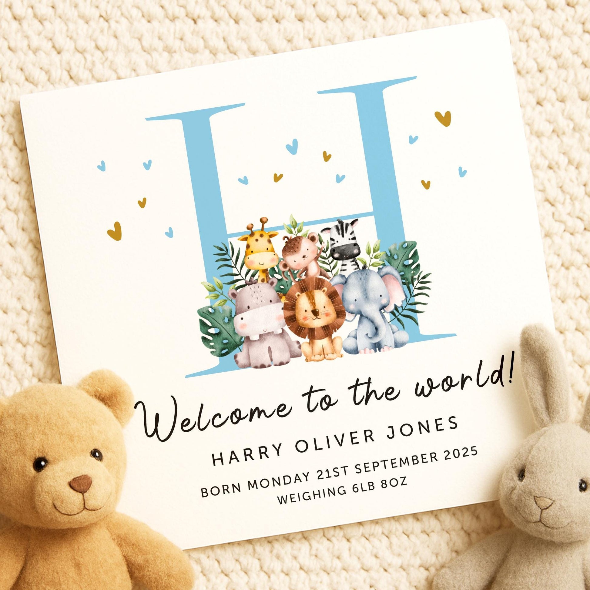 Personalised Baby Boy Card |Welcome To The World Card |New Grandson, Godson, Nephew |New Baby Card | Safari | Baby Elephant Giraffe Card