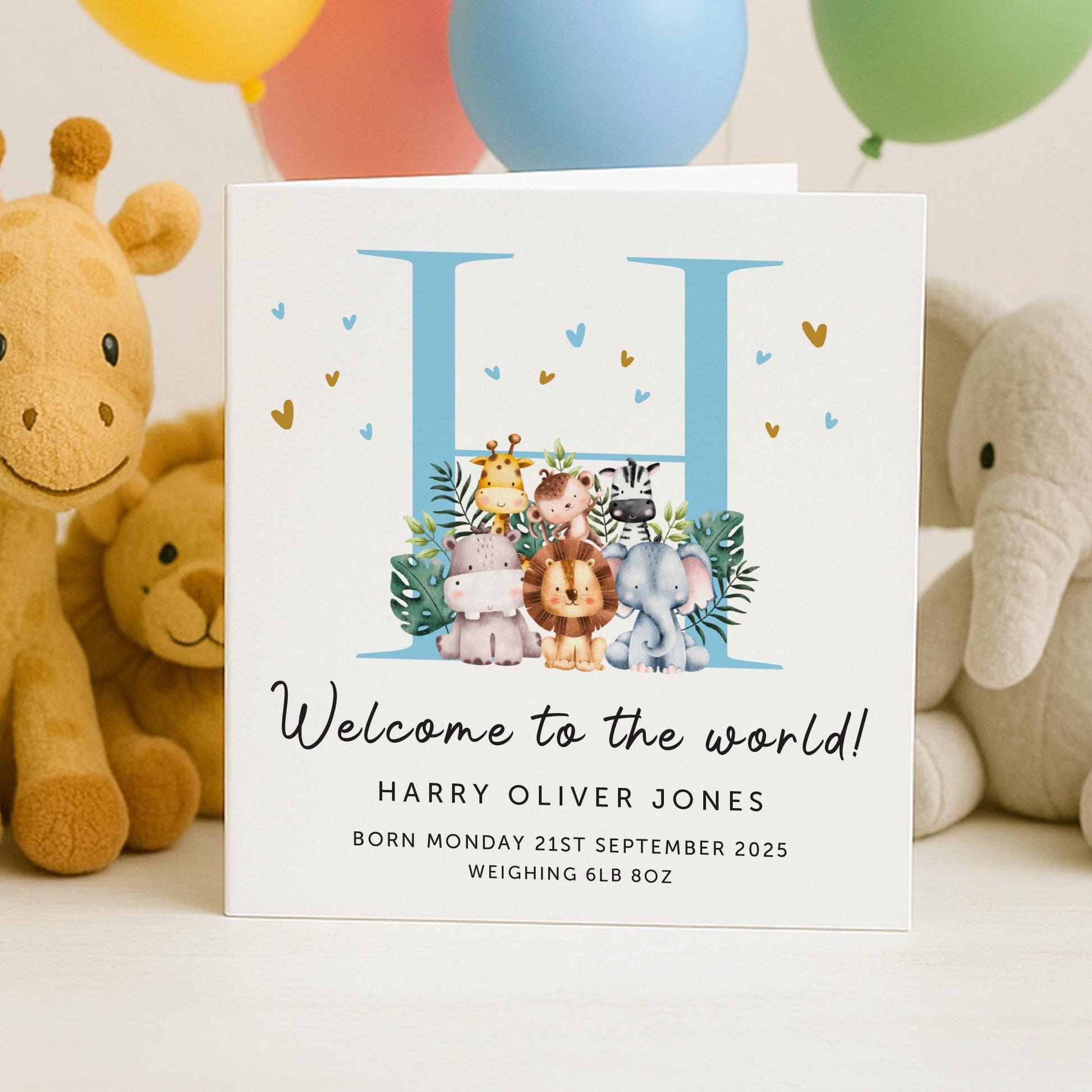 Personalised Baby Boy Card |Welcome To The World Card |New Grandson, Godson, Nephew |New Baby Card | Safari | Baby Elephant Giraffe Card