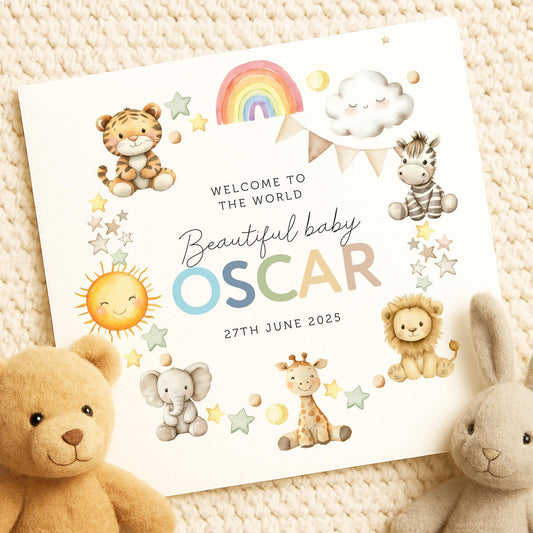 New Baby Card, Safari Keepsake, Welcome to the World, Personalised card, Newborn Baby Boy, Girl Gift, Granddaughter Baby, Grandson, Nephew