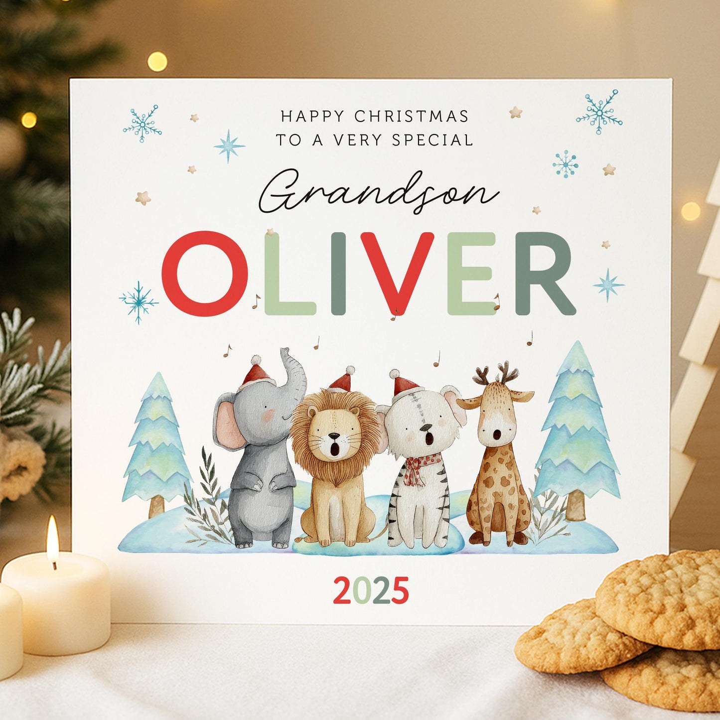 Personalised Christmas Card for Son, Daughter, Grandson, Granddaughter, Niece or Nephew, Girls/ Boys Christmas with Christmas Animals