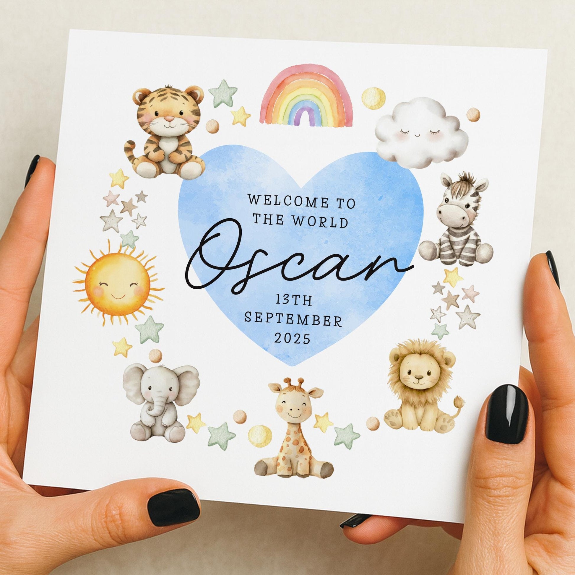 Personalised New Baby Boy Card |Welcome To The World Card |New Grandson, Godson, Nephew |New Baby Card | Safari | Baby Elephant Giraffe Card
