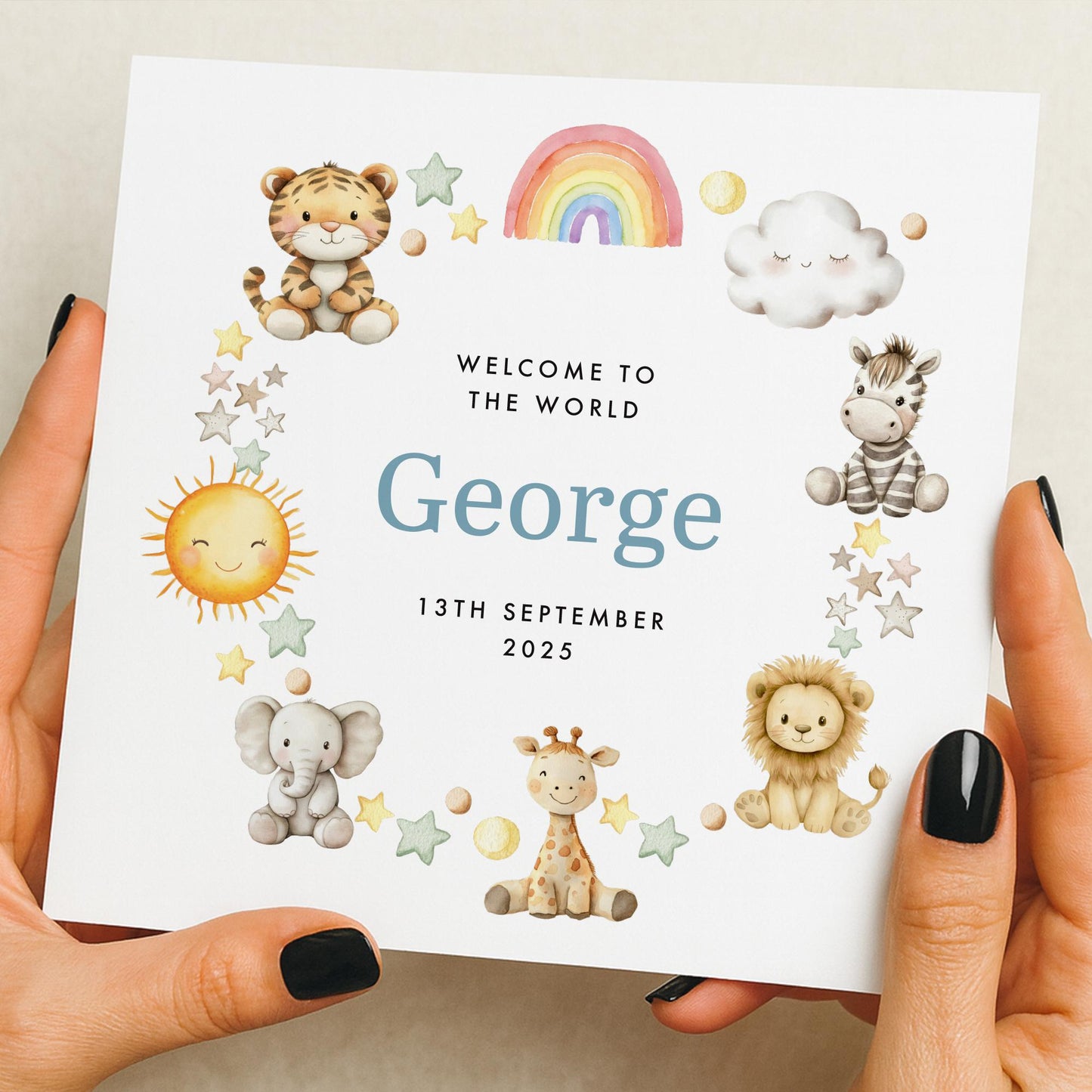 Personalised New Baby Boy Card |Welcome To The World Card |New Grandson, Godson, Nephew |New Baby Card | Safari | Baby Elephant Giraffe Card
