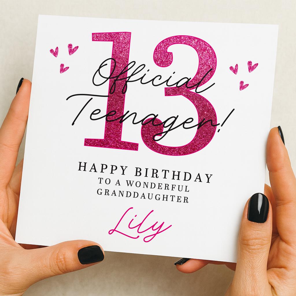 Personalized 13th Birthday Card: Pink Glitter for Daughter, Granddaughter