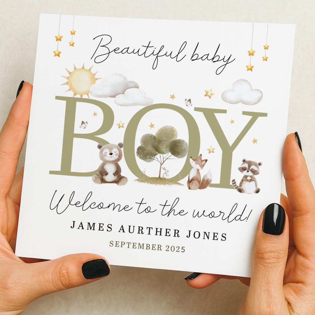 Personalised Safari New Baby Card - Welcome to the World Card - Newborn Baby Boy - Baby Boy Gift - Welcome Baby Card - For NewBorn