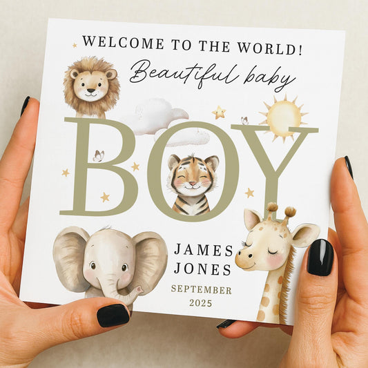 New Baby Card - Personalised Safari - Welcome to the World Card - Newborn Baby Boy - Baby Boy Gift - Welcome Baby Card - For New Born