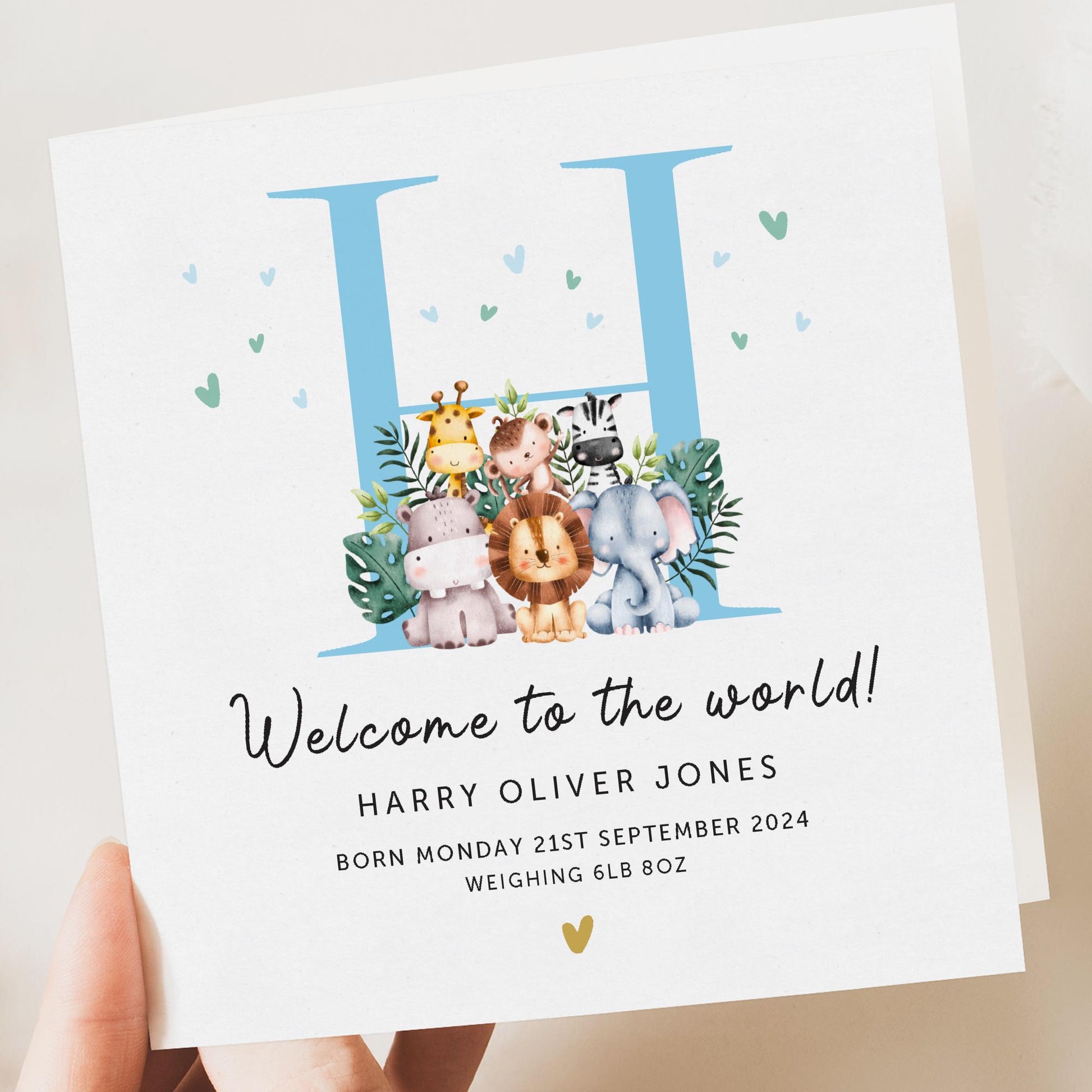 Personalised Baby Boy Card |Welcome To The World Card |New Grandson, Godson, Nephew |New Baby Card | Safari | Baby Elephant Giraffe Card