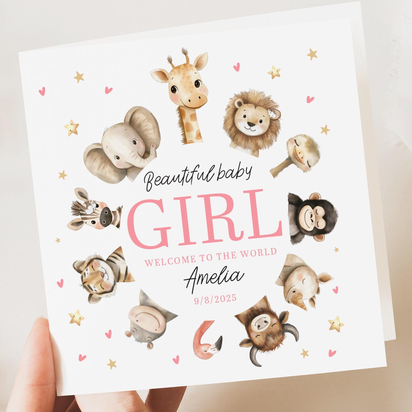 Personalised New baby Card, Welcome Baby Girl, Baby Girl Card, Congratulations Card, New Baby Arrival - Personalised Card