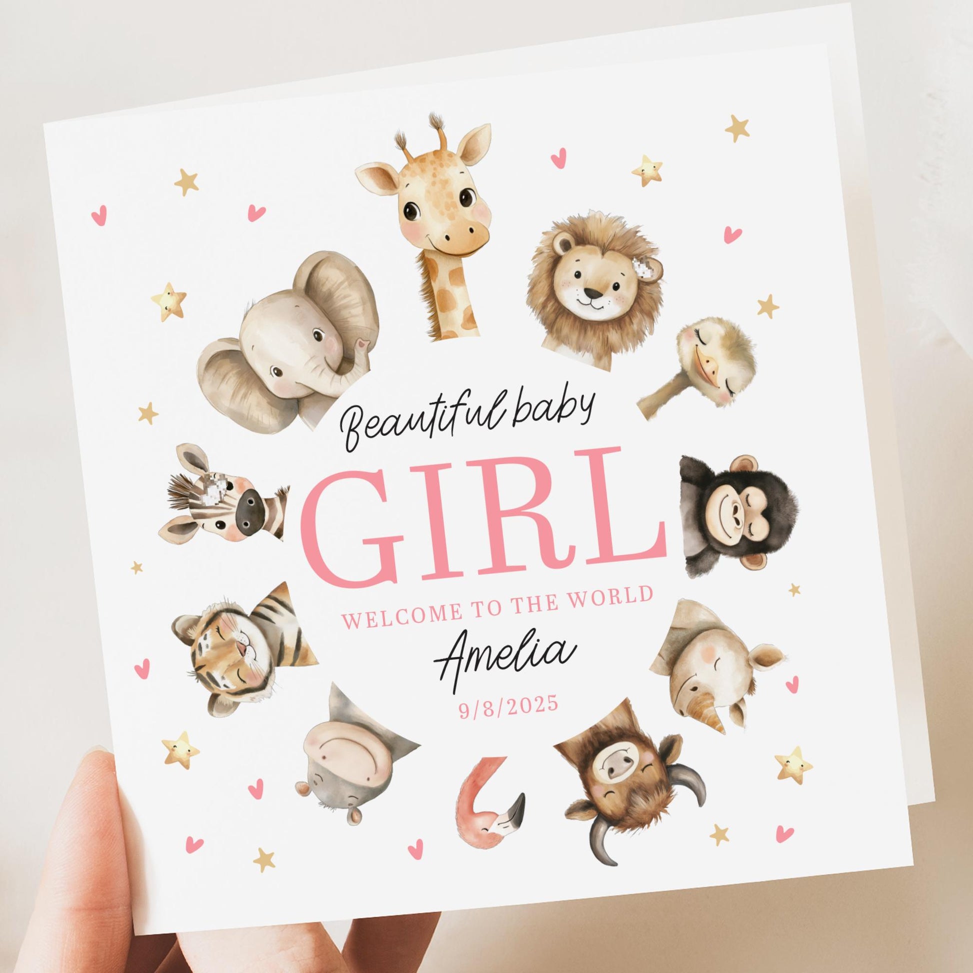 Personalised New baby Card, Welcome Baby Girl, Baby Girl Card, Congratulations Card, New Baby Arrival - Personalised Card