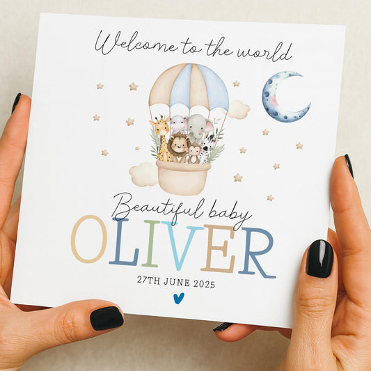 Personalised Baby Boy Card |Welcome To The World Card |New Grandson, Godson, Nephew |New Baby Card | Safari | Baby Elephant Giraffe Card