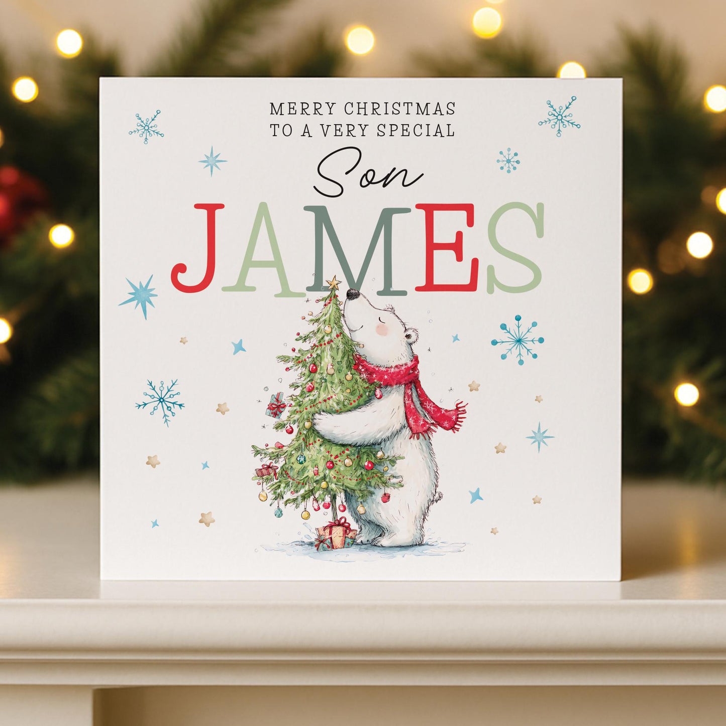 Personalised Christmas Card for son, Grandson, Nephew, Him, Granddaughter, Daughter, Niece, Her, Christmas tree card, Polar bear