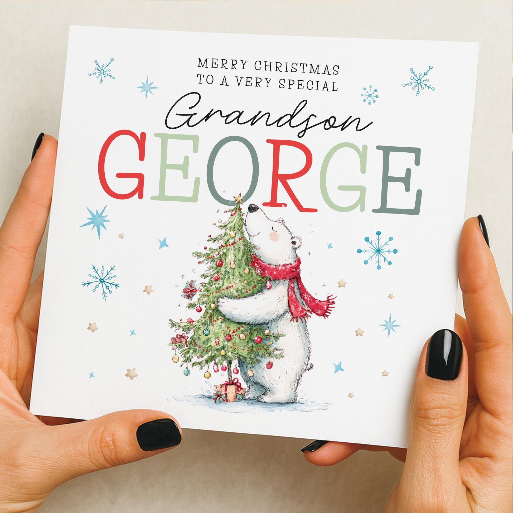 Personalised Christmas Card for son, Grandson, Nephew, Him, Granddaughter, Daughter, Niece, Her, Christmas tree card, Polar bear